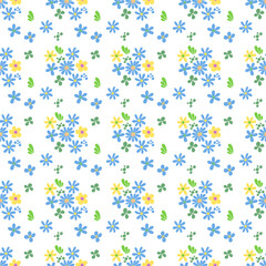 Seamless pattern minimalist repeating background with blue flowers. Fabric wallpaper print texture. Perfectly for backdrop, wrapped paper, linen.