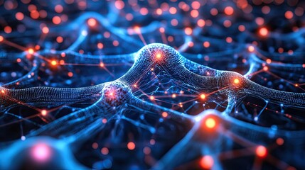Artificial intelligence neural network visualization with glowing digital connections and futuristic data nodes."