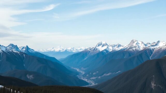 Aerial Over Valley With Snow Capped Mountains In Distance