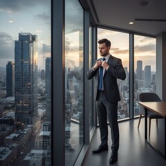 Obraz na płótnie Canvas Confident businessman adjusting tie before important meeting with city skyline view at sunset