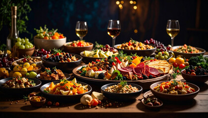 Fototapeta premium Festive buffet table overflowing with delicious food and drinks in warm ambiance