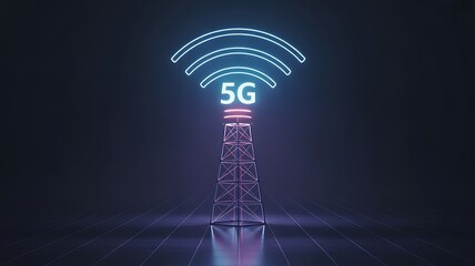 Futuristic 5g network tower with glowing signal waves at night