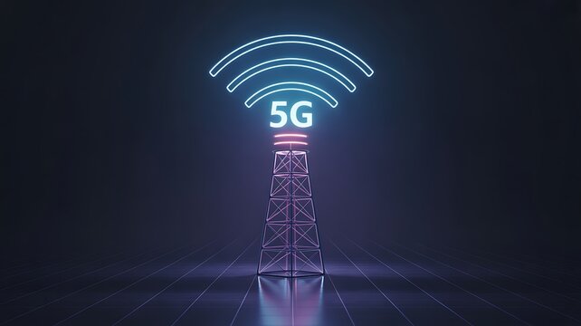 Futuristic 5g network tower with glowing signal waves at night