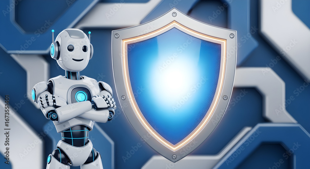Poster ai robot guardian securing data with futuristic shield and glowing energy, promising digital safety 