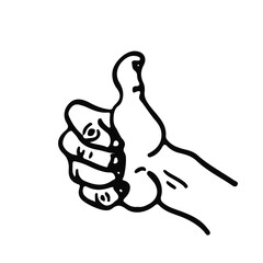 Thumbs up hand gesture illustration in bold black outline. Perfect for retro comic style, posters, icons, stickers, and positive graphic design projects. Ideal for creative artwork use.