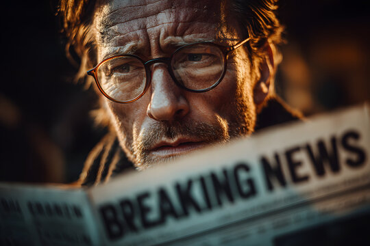 Hot off the press! A man reading headline front page"breaking news" on the latst happening stories in a ewspaper. Concept on attenion grabbing, sensational,urgent or important news o information.