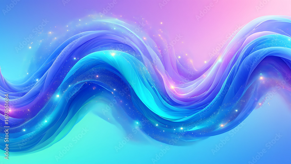 Poster abstract flowing waves of vibrant blue and pink light with sparkling particles creating a magical an