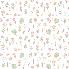 Cute Floral Seamless Pattern with Pastel Flowers, Leaves, Clouds and Sun