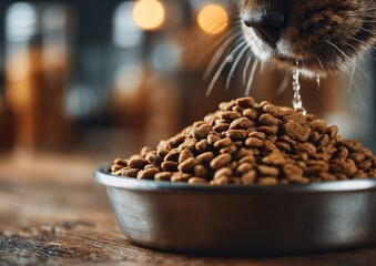 Close-up of a cat drinking from a bowl of dry pet food