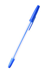 Back to school conception. Flying in the air school equipment. A pen levitating in the air isolated on white background