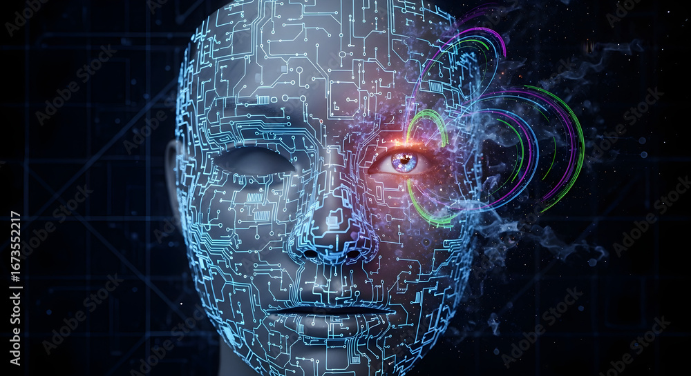 Poster futuristic ai human face with glowing eye and intricate digital circuit patterns, representing artif