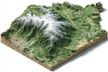 3D topographic map of a mountainous region with snow-capped peaks, lush green valleys, and visible rivers