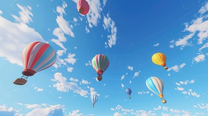 Fototapeta premium Colorful hot air balloons floating in a blue sky with white clouds
