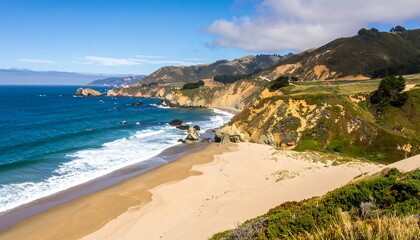 Fototapeta premium Scenic California Coastline with Sandy Beach and Rugged Cliffs under a Blue Sky.