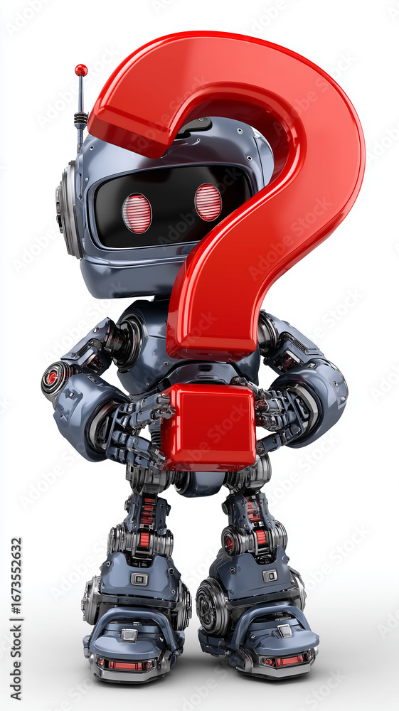 Fototapete 3d rendering illustration, full figure of a modern robot holding a large red question mark symbol. i