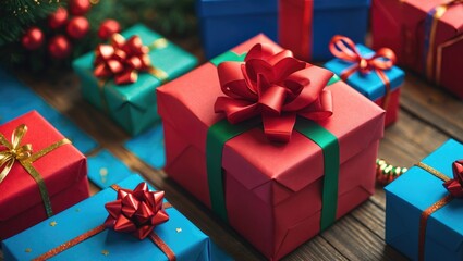 Fototapeta premium Colorful wrapped gifts with bows and ribbons on a wooden surface, celebrating a festive occasion.