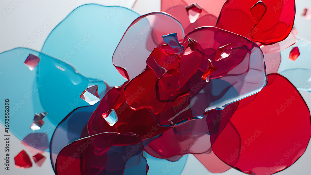 Poster abstract close up of translucent flowing shapes in vibrant red and cool blue hues with scattered sma