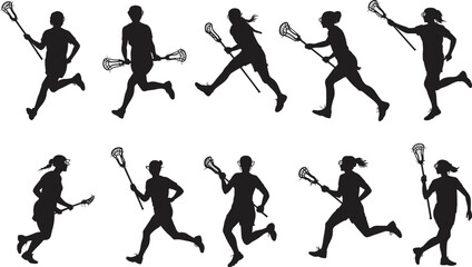 Black silhouettes of female lacrosse players, running with sticks, team sport icons, athletic women, competitive action, vector illustrations