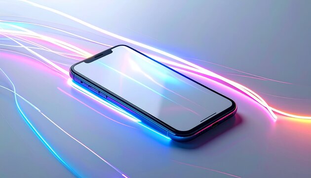 mock up smartphone with glowing neon motion trails, powerful fashion sport look, dramatic lighting, white background with copy space