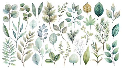 Collection of various green watercolor leaves and foliage elements isolated on white background