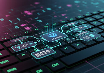 AI agent transforming digital workflow on keyboard, streamlining business processes with smart technology, futuristic solutions for innovative companies using automation
