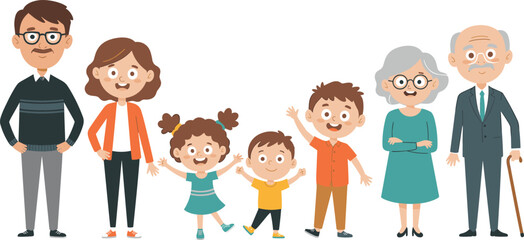 Cartoon family generation illustration, happy grandparents, parents, and kids standing together, ideal for education, family values, and diversity designs