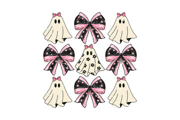 Cute Halloween Ghost and Bow Seamless Pattern. Girly coquette design with spooky ghosts for fabric or digital paper.