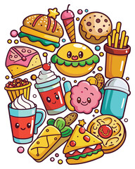 Cute Food Cartoon Icons – Burger, Pizza, Fries & Drinks Vector Pack