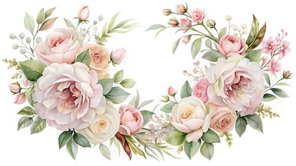 Elegant watercolor floral wreath with soft pink and cream roses and delicate greenery