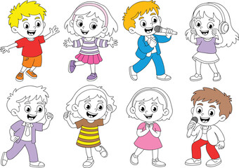 Cartoon kids singing, dancing, and listening to music, vector illustration for coloring books, children activity pages, or education designs