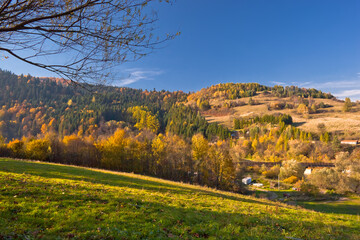 Ul. Leśna w Muszynie na Majdanie w piękny, jesienny dzień. Widok na Folwark © rogozinski