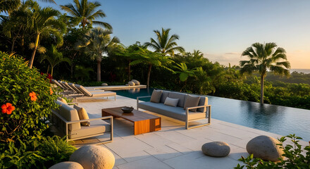 Fototapeta premium Luxury outdoor living space with infinity pool and tropical garden oasis