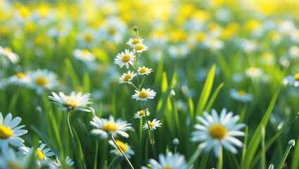 Daisies in a green field with yellow and white flowers during daytime. Nature, spring, and floral scenery. The beauty of wildflowers in bloom
