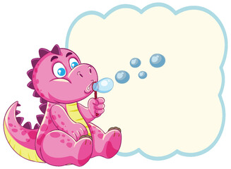 Cute Pink Baby Dinosaur Blowing Bubbles with Blank Space