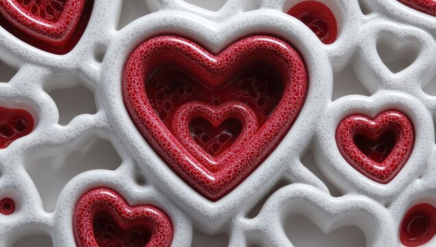 Red hearts nested within white heart-shaped hollows