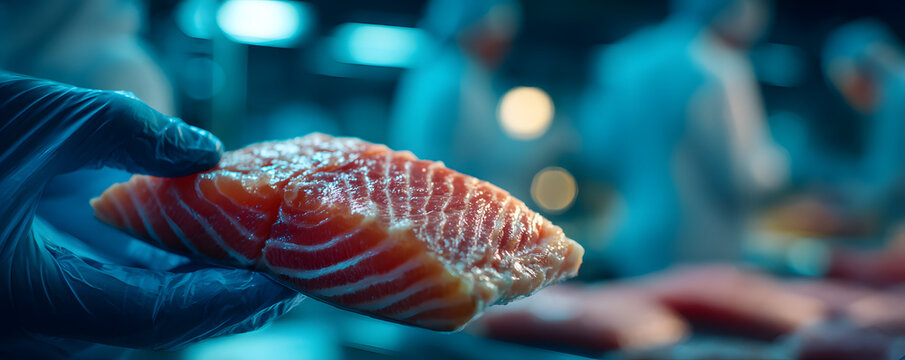 Close up view of a lab grown fish fillet being careflly inspected by a scientit in a lab setting showcasng the advancements in susainable aquaculture and fod technology