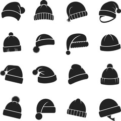 Winter Hat Silhouettes Collection, Beanies, Pom Pom Caps, Warm Headwear Icons, Black Vector Set, Cold Weather Accessories, Seasonal Fashion Elements