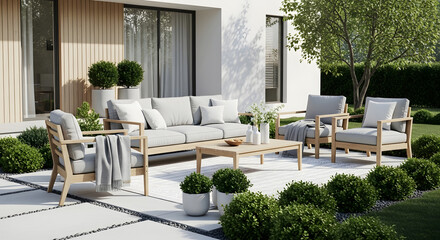 Luxurious contemporary patio featuring a comfortable wooden furniture set, creating a serene and stylish outdoor living space