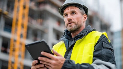 Obraz premium Engineer portrait with a tablet and notebook, looking at a construction site.