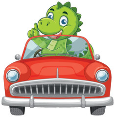 Cartoon Dinosaur Driving Classic Red Convertible Car