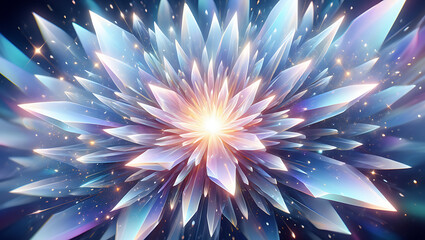 Abstract glowing crystal flower exploding with light and color a vibrant cosmic bloom of icy shards and ethereal energy