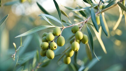 Green olives on a branch with elongated leaves, sunlit background, close-up view.