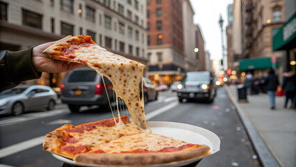 Hand holding a cheesy slice of new york style pizza on a city street