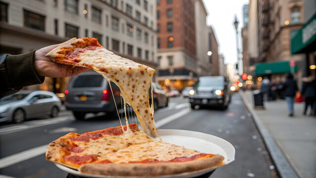 Fototapeta Hand holding a cheesy slice of new york style pizza on a city street