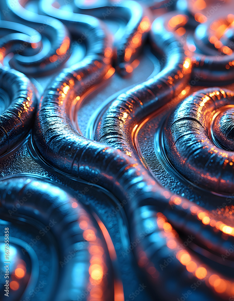 Poster a close-up of an abstract metallic design with smooth, curved lines and a color gradient.