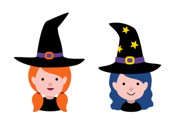Cute Witches Face Clipart Set.  
Cartoon Young  Witch Head Characters with Hats.
Halloween Flat Vector Illustration Graphic Design.
White background.