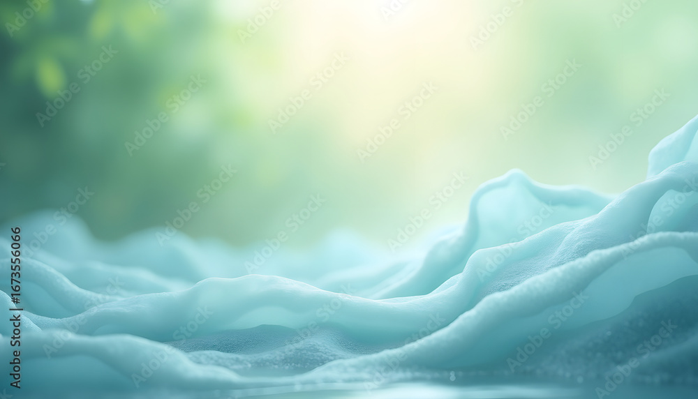 Poster an abstract image features blue, flowing foam-like textures with a soft, blurred background.