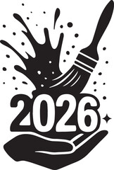 Obraz premium 2026 Paintbrush Hand Holding Paint Splash Happy new year Theme Black Ink Graphic artist painting