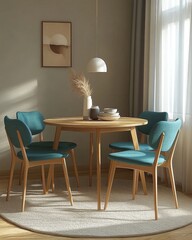 Turquoise chairs at wooden round dining table. Scandinavian home interior design of modern dining room, Generative AI