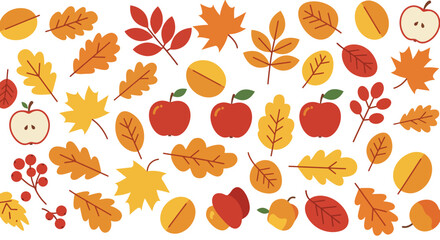 An arrangement of leaves apples and berries in a fall color palette against a white background